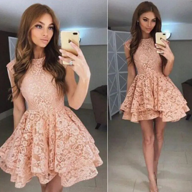 Womens Elegant Wedding Party Dresses Sexy Night Club Vestidos O-Neck Short Sleeve A-Line Lace Dress WS4459C