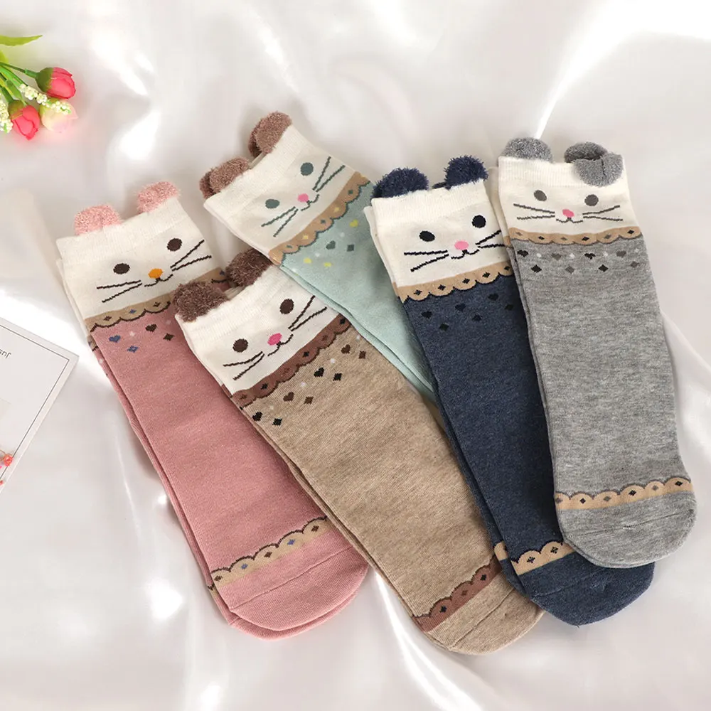 

Cartoon Cat Women 3D Ears Animal Cotton Socks Lady Funny Striped Short Ankle Socks Random Color