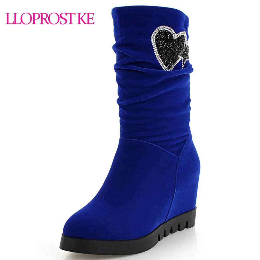 

Lloprost ke Winter Black Blue Red Design Flock Womens Half Boots Mid Calf Wedge Heels Ladies Casual Shoes Large Size 33-43 D447
