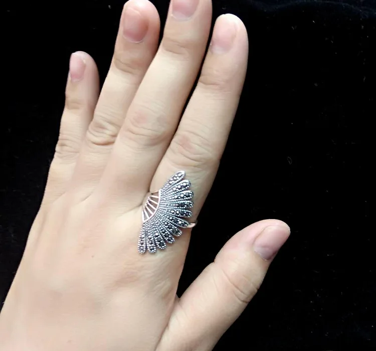 FNJ 925 серебристый веер кольцо марказит Новая Мода S925 серебро кольца для женщин ювелирные изделия регулируемый размер