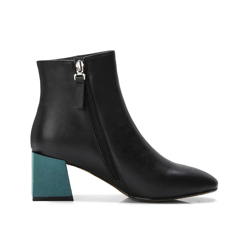 Dames rouge Glissière Chaussures Noir Mode Talon Carré Cuir En Femmes Vert Cheville À Fermeture Rond Bottes De Bout Salu Véritable TwHq61FnO