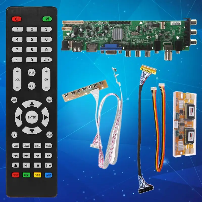 V56 V59 Универсальный ЖК-драйвер платы DVB-T2 ТВ плата+ 7 кнопочный переключатель+ ИК+ 4 лампы Инвертор+ LVDS кабель комплект 3663
