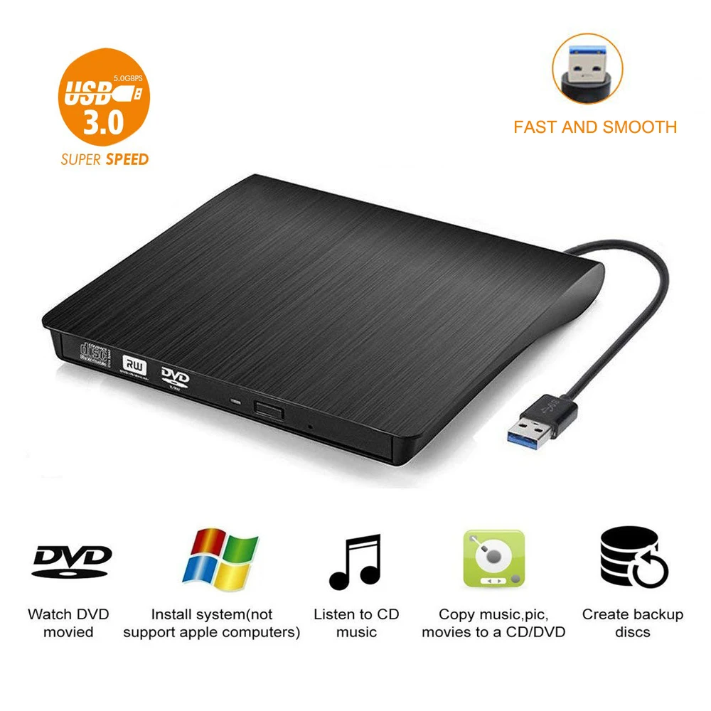 Unidad de CD externa USB 3,0 portátil CD/DVD +/-RW Drive Delgado DVD ROM quemador de reescritura para ordenador portátil, PC de escritorio Windows Linux OS Mac