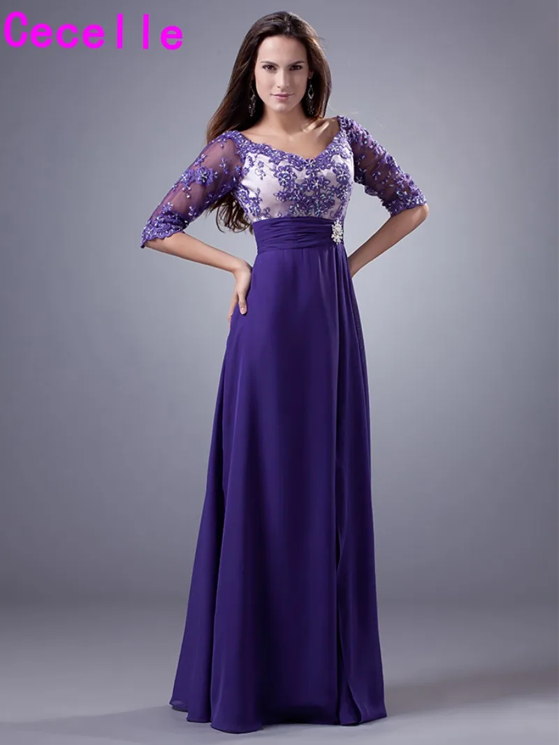 2019 Purple Long Formal Mother of The Bride Dresses With Half Sheer ...