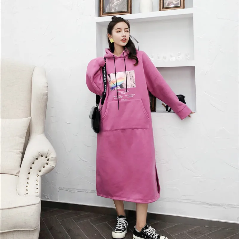 

Pocket printed Women Long Hoodie Sweatshirt Coat 2019 Autumn Winter Hooded Pullover Tops Loose harajuku Womens korean clothing