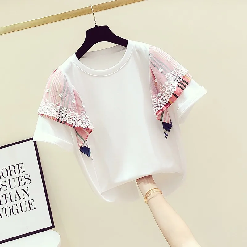 Летняя новая Корейская мозаичная Кружевная футболка с контрастными полосками, вырез лодочкой, короткий рукав, женская повседневная куртка, Студенческая футболка
