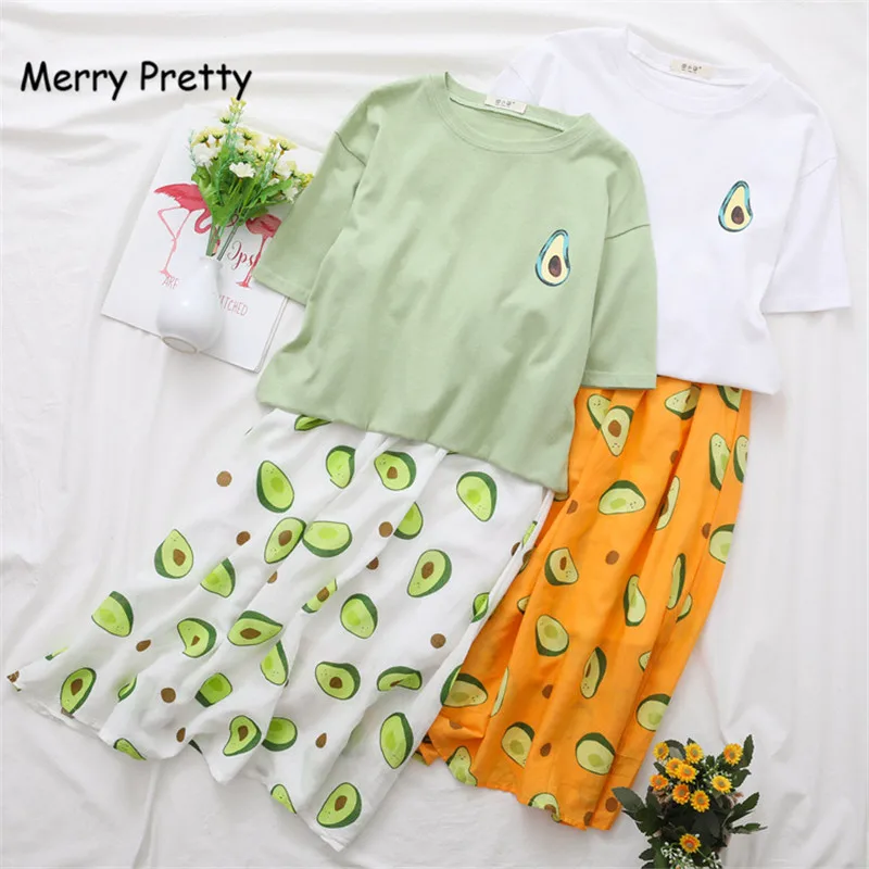 Merry Pretty Summer New 2 Piece Sets Woman Avocado Green Cotton T-shirt+A-line Long Skirt Set Casual Women Clothing Sets