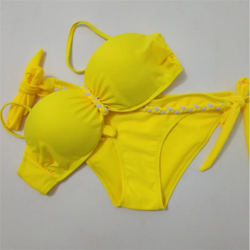 Kaufen Gelb Backless Bandeau Bademode Bikini Brazilian 2019 Push Up Bikinis Eingestellt Frauen Sexy Solide Plus Größe Badeanzug Badeanzüge 3XL