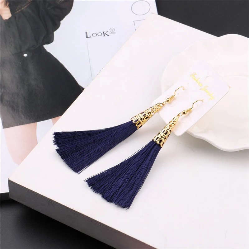 

Fashion Design navy blue Long Tassel Earrings Retro National Wind Earrings,Bohemian Earrings Wedding Party Earrings