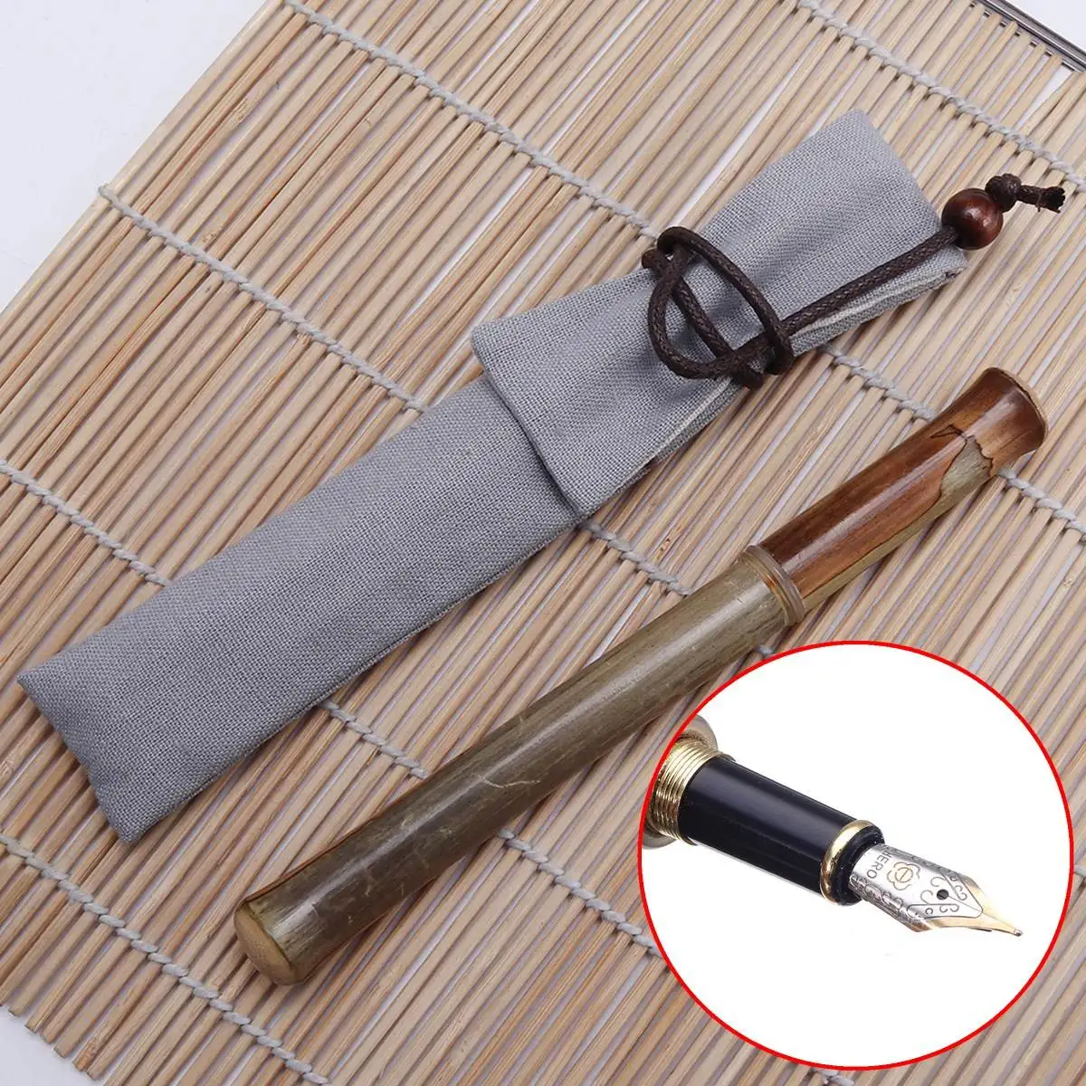 

1Pcs Natural Vintage Handmade Bamboo 0.5mm Nib Fountain Pen With Pen Pouch For Office Business Writing Pens Gift