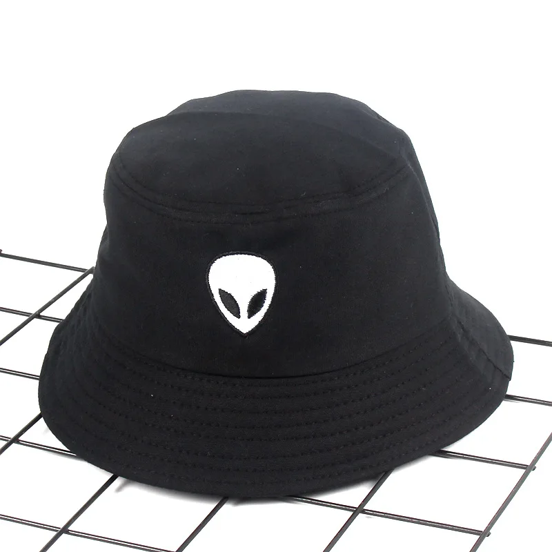 Outdoor Summer Men Casual alien Embroidery Bucket Hat Solid Black and White Sun Hat Women's Flap Fisherman Caps Gorros