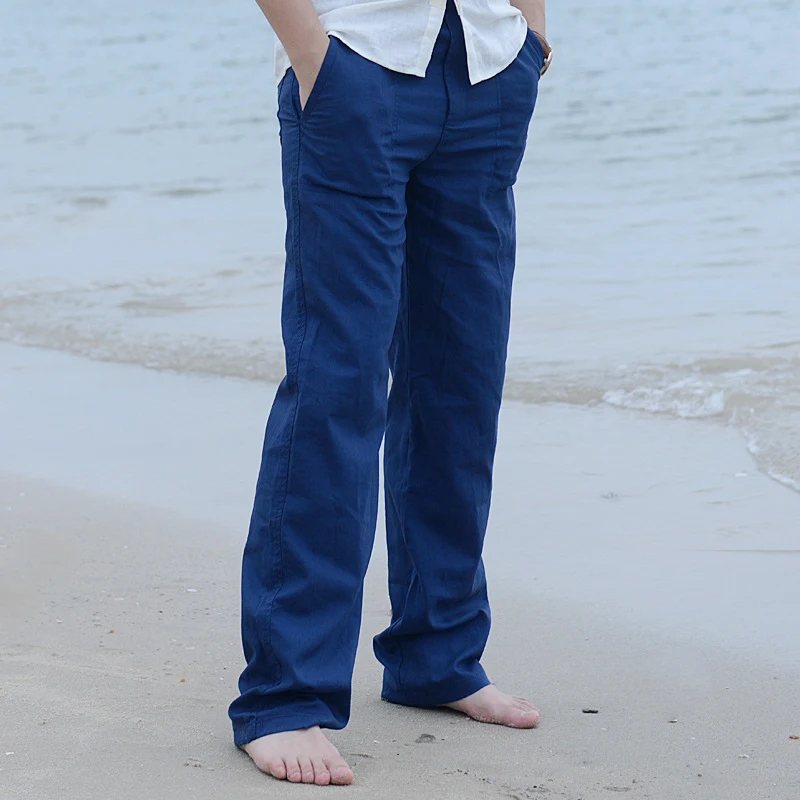 Summer Spring Mens Linen Long Pants Elastic Waist Solid