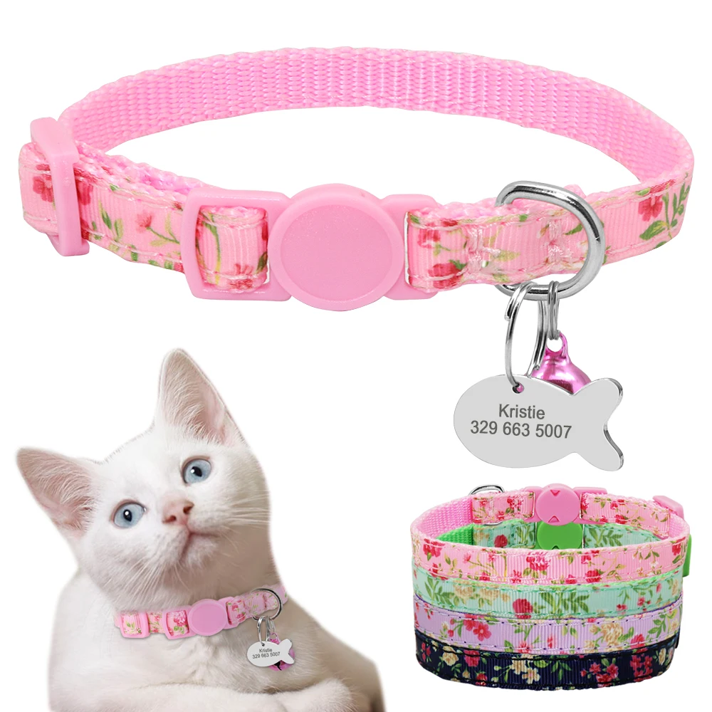 

Cat ID Collar Quick Release Safety Breakaway Cats Kitten Collar With Personalized Engraved Fish Tag Cat Necklace With Bell