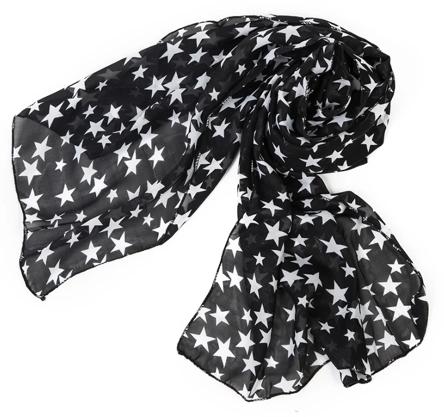 

Fashion Women Black White Stars Soft Long Chiffon Neck Wrap Kerchief Scarf Stole Hot Selling WAF-004