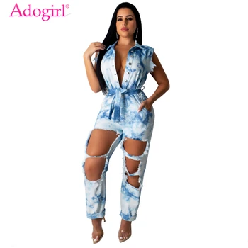 

Adogirl Tie Dye Print Jeans Jumpsuit Buttons Turn Down Collar Sleeveless Holes Denim Pants Romper Loose Overalls Streetwear