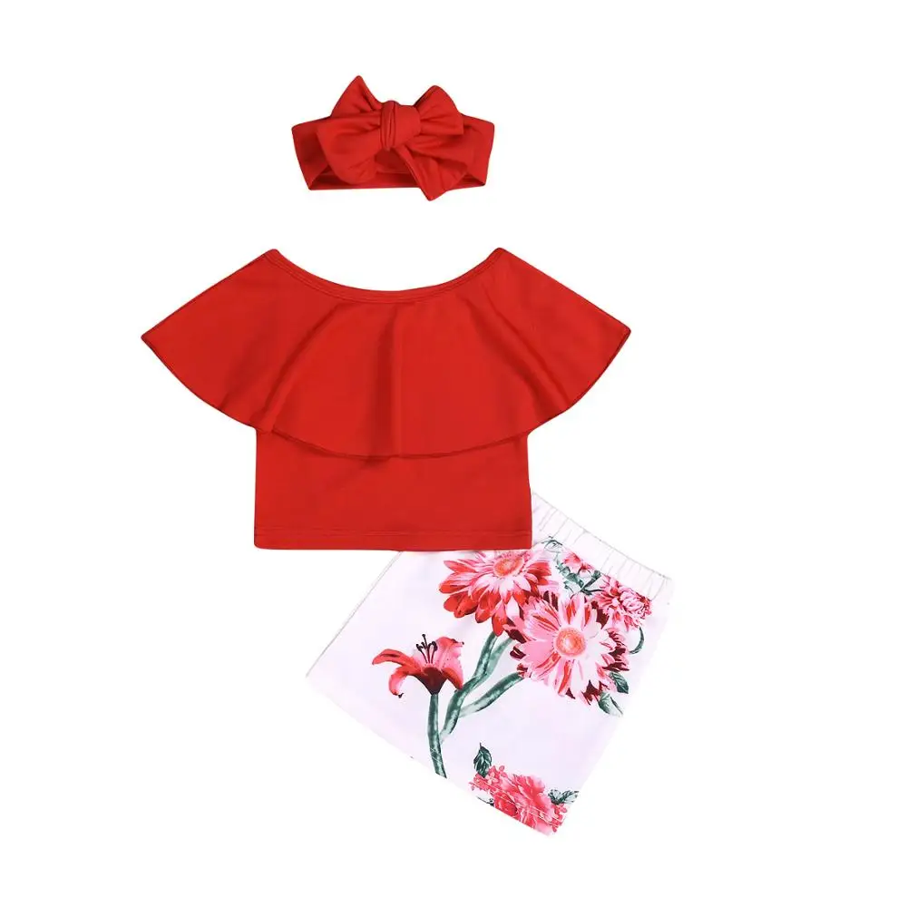 

Kid Baby Girl Clothes Set One Shoulder Top Red Solid Tee Floral Skirt Clothing Set Outfit