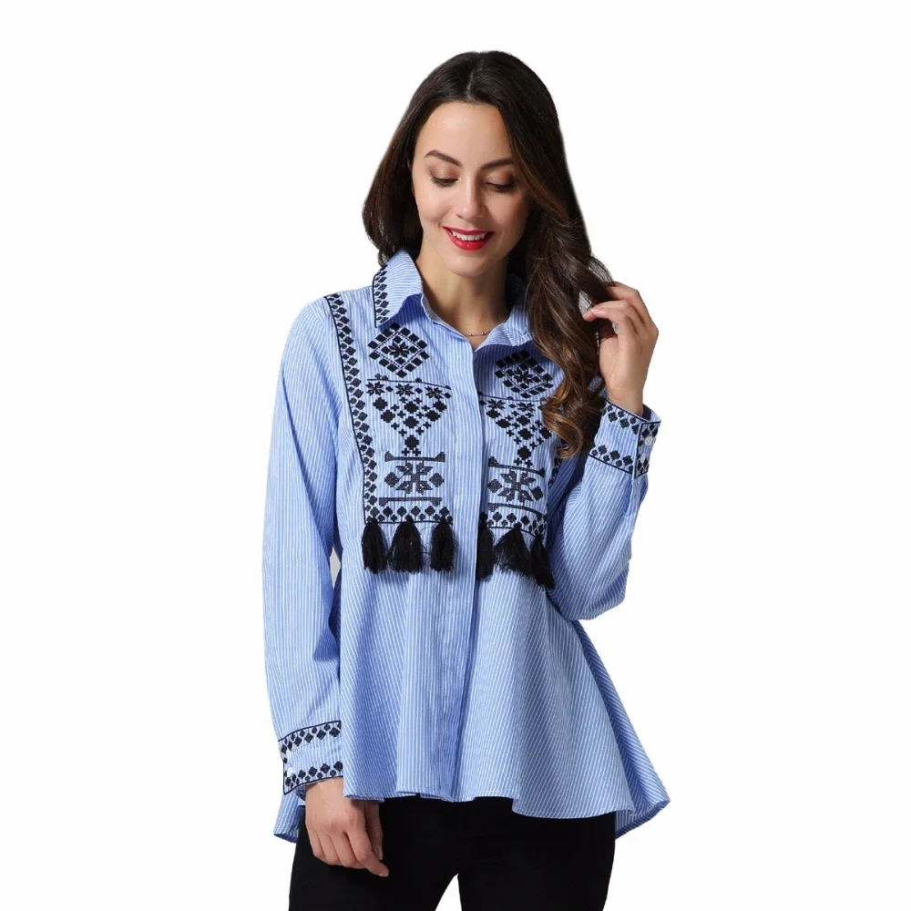2018 New vintage tassel floral embroidery striped shirts fringe