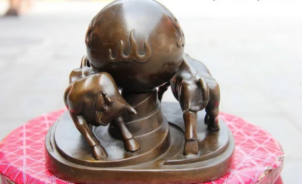 

150401 S0740 Chinese Feng Shui Bronze Copper Wealth Two Bull Oxen Cow Ox Play Ball Art Statue discount 30% (C0324)