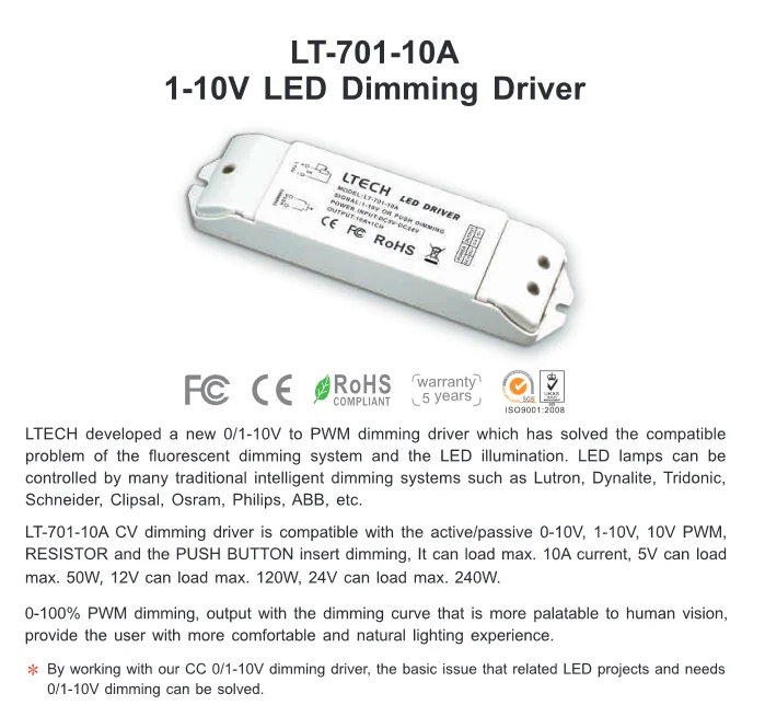 

LT-701-10A 0/1-10V LED Dimming Driver,0/1-10v/push dim signal/DC5-24V input;10A*1 CH PWM output