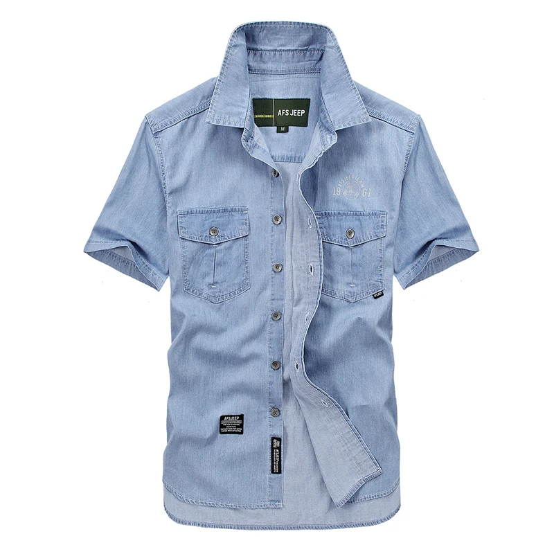 AFS JEEP, мужские синие джинсовые рубашки больших размеров M-5XL, Homme, хлопок, рубашка с коротким рукавом, брендовые рубашки, мужская повседневная ковбойская одежда