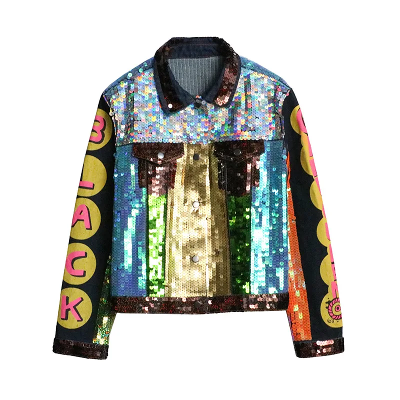 2019 Z Top Brand Spring Autumn New Thai Street Brand Color Heavy Work Sequins Cartoon Letter Printing Lapel Denim Women Jacket
