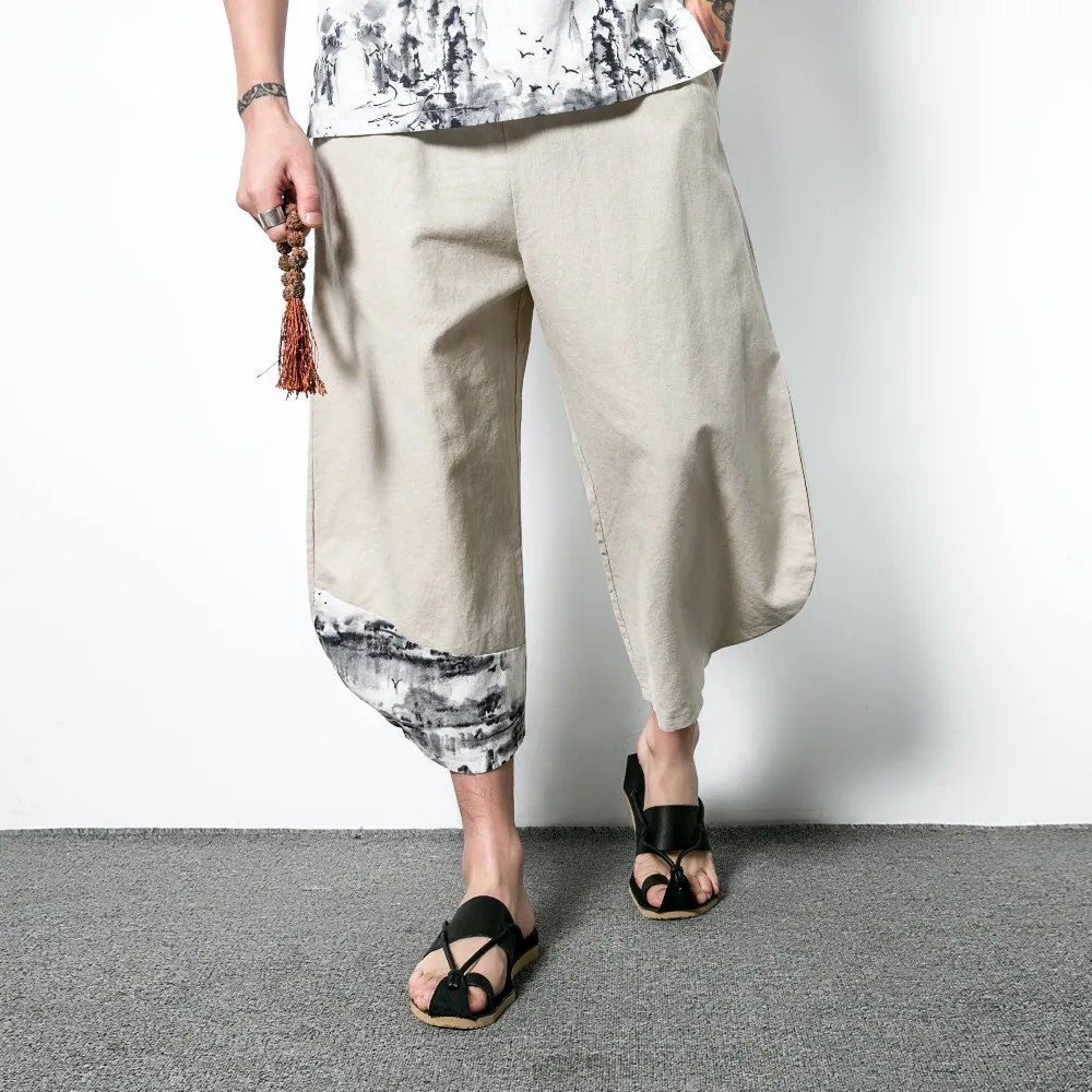 M 5XL!!!Chinese style linen capris male plus size loose casua harem