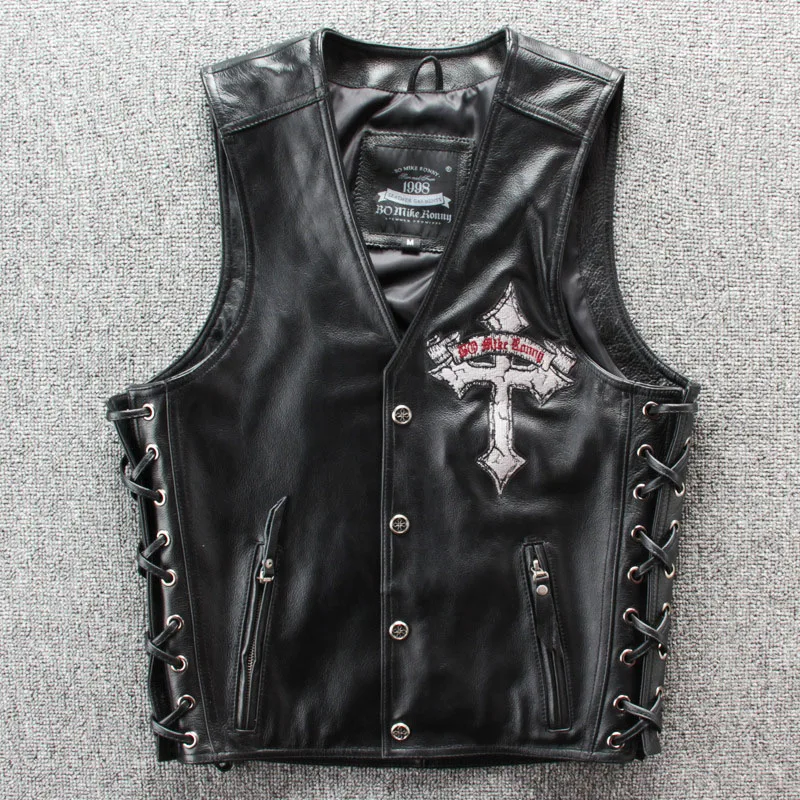 

2019 New Genuine Leather Mens Vest Head Cowhide Summer Streetwear Cross Embroidery Motorcycle Jacket Casual Plus Size Waistcoat