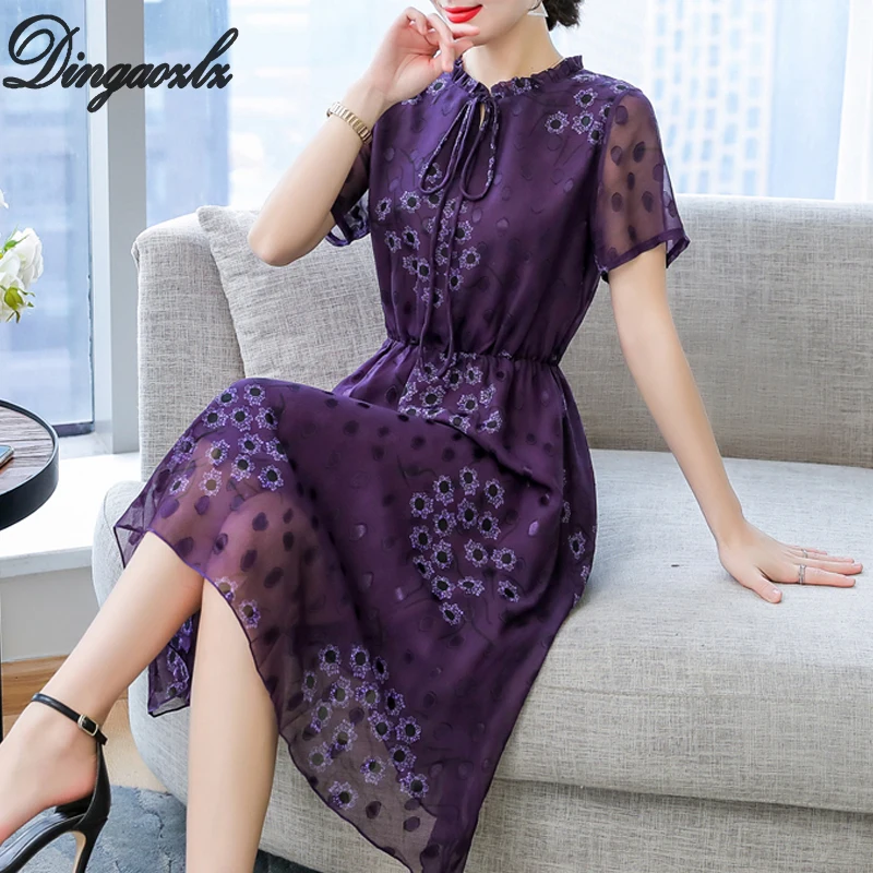 

Dingaozlz Elegant V neck Slim waist Women dress Purple Printed Chiffon Dress New fashion Bow tie Short sleeve Summer dress