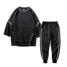 Весенние повседневные Черные белые мужские комплекты одежды с круглым вырезом три четверти рукав модные костюмы свободные мужские топы брюки M-3XL