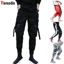 Мужская Уличная одежда, черные узкие брюки с лентами, мужские брюки, мужские черные уличные брюки в стиле хип-хоп, Мужские штаны для бега с боковыми карманами, хлопок