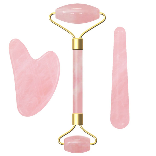Natural Stone Jade Roller Facial Massager Portable Face Lift Tools Rose Quartz Face Roller Skin Care Gua Sha Set Tool