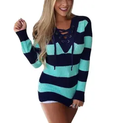 Элегантный зимний полосатый Женский свитер модный сексуальный v-образный вырез вязаный свитер женский с длинным рукавом женский s Джемпер