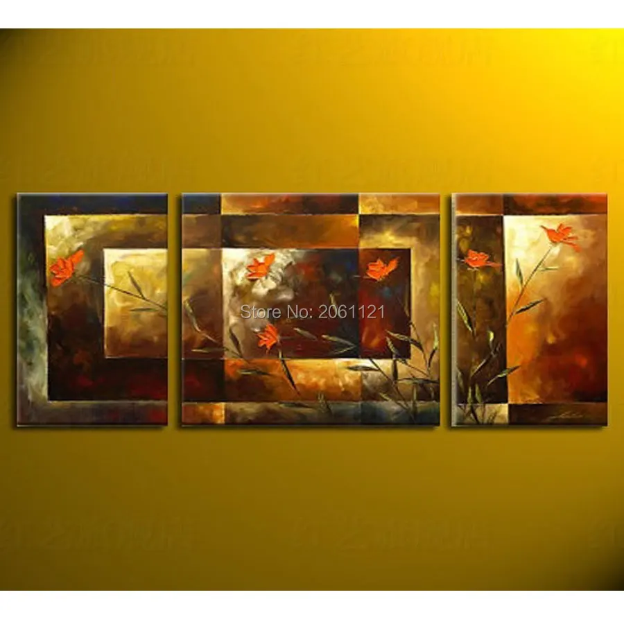 

Hand-painted Big size 3pcs/set abstract wall art home decor flower murals oil painting on canvas brown sitting room picture sets