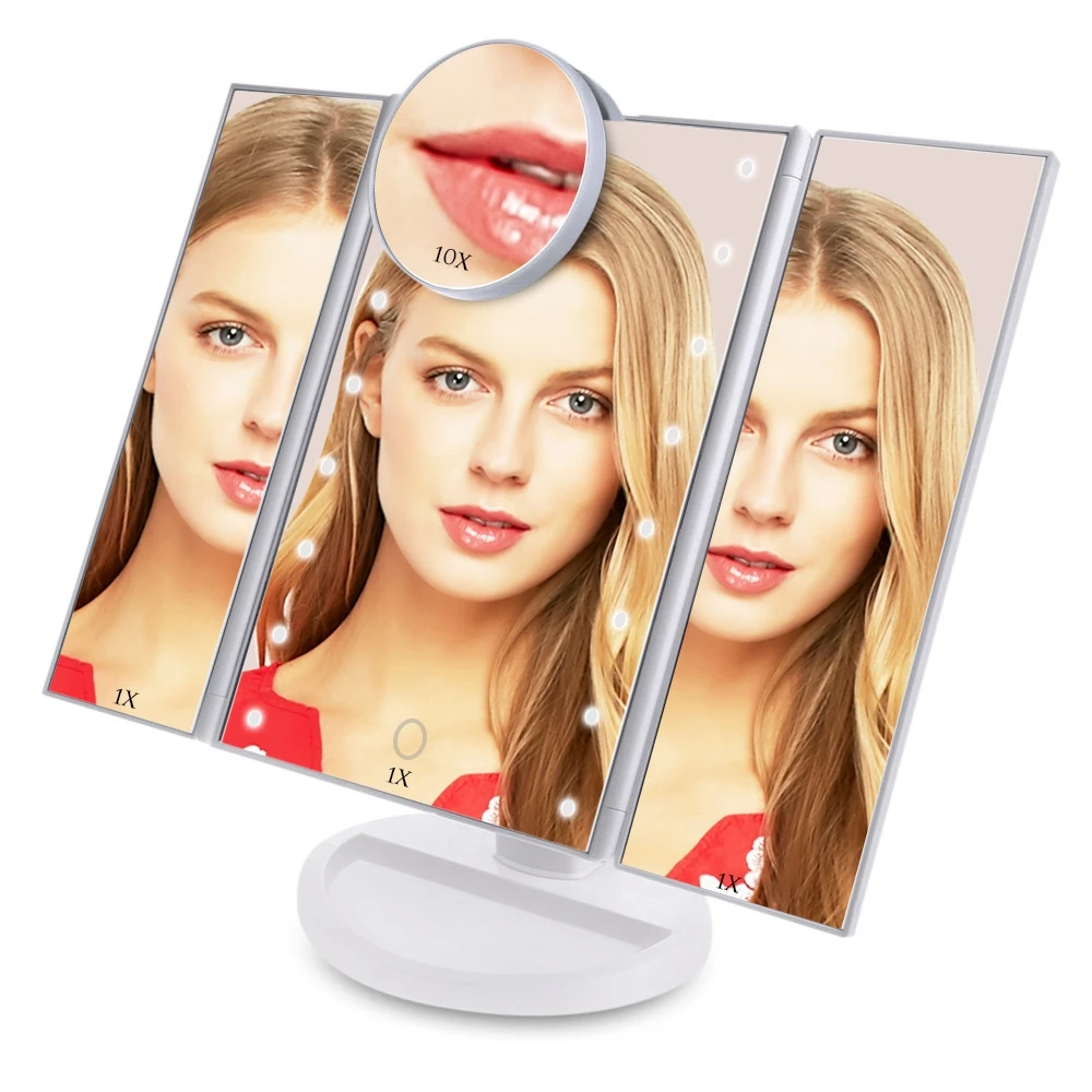 

Portable Fashion Desktop Makeup Mirror Three Sides Folding 16 LED lights Mirror with Magnifying Beauty Makeup Mirror Adjustable