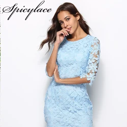 Женское винтажное кружевное платье Spicylace с круглым вырезом, элегантные вечерние платья средней длины с рукавом до локтя на молнии сзади, облегающее Бандажное платье - Цвет: Небесно-голубой