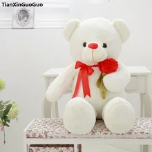 large 75cm white teddy bear plush toy rose flower design cute bear soft doll throw pillow birthday gift s0915