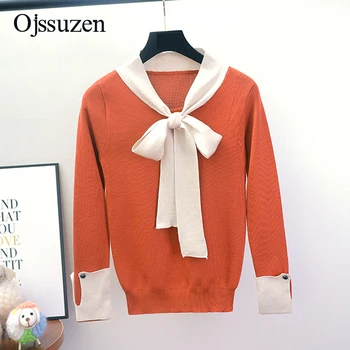 

Pink Black Pullover Female Clothes Long Sleeve Bow Autumn Sweaters Women's Patchwork Lace Up Slim Lady's Sweater White