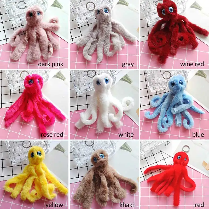 

Cute Octopus Keychains Women Pompom Artificial Rex Rabbit Fur Car Key Ring Long Tassel Fluffy Key Chain kids Gift
