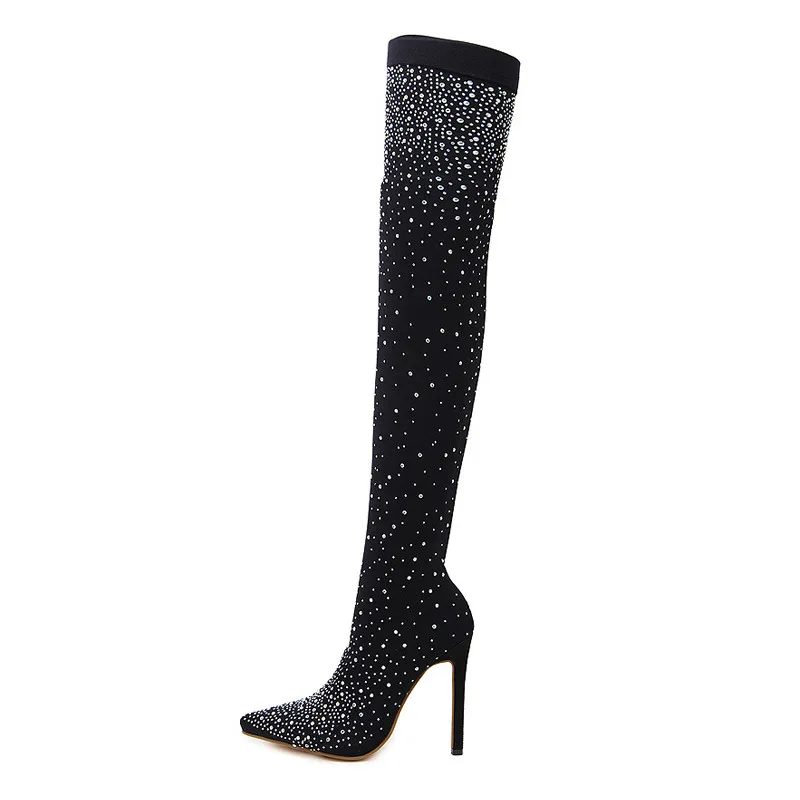 2019 Fashion Runway Crystal Stretch Fabric Sock Boots Sexy Pointy Toe Over-the-Knee Heel Thigh High Pointed Toe Woman Boot Heels (11)