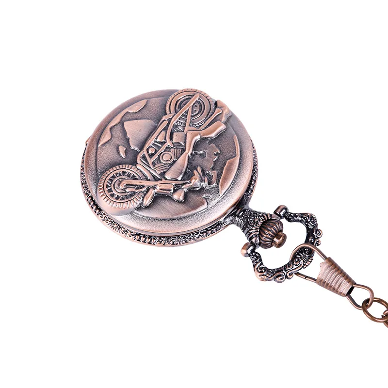 

Trendy cool brick red motorcycle embossed retro classic quartz pocket watch with necklace