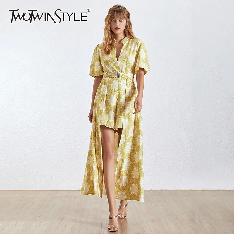 

TWOTWINSTYLE Korean Print Two Piece Set Women Turtleneck Short Sleeve Loose Playsuit With Skirt Summer Female Sets Fashion New