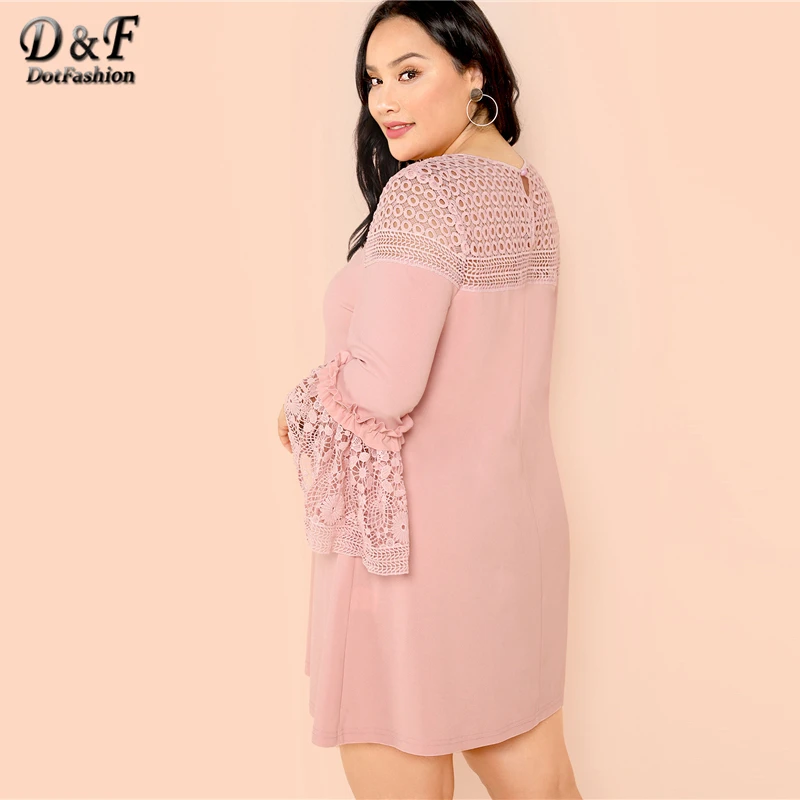 Dotfashion Plus Size Guipure Lace Insert Frill Trim Dresses Ladies Spring Fall Pink Elegant Flounce Sleeve A-Line Plain Dress