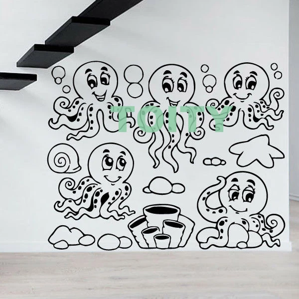 cheap Funny Smiling Octopuses Ocean Marine Wall Art Decor Cartoon Vinyl Sticker Home Kids Nursery Room Interior Children Art Mural