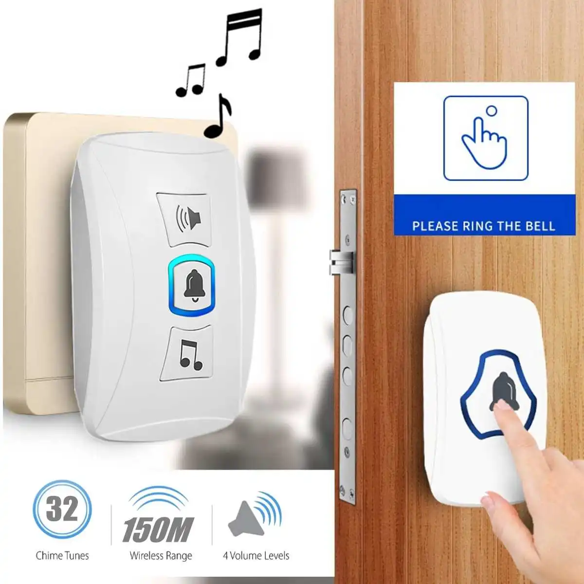 

Wireless Doorbell Wall Plug-in Cordless Waterproof Home Door Bell Chime 150M Range with 32 Chimes Easy Install