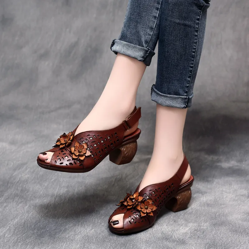 

Women Leather Sandals Peep Toe Black 6 Cm High Heels Chunky Shoes Retro Lady Flower Sandals Women Handmade Genuine Leather Shoe
