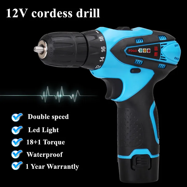 

12V Double Speed Waterproof Rechargeable Electric Drill Cordless drill portable drill Screwdriver Tool Set+1*Battery+1*Charger