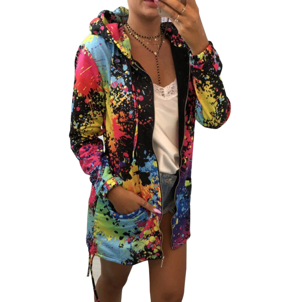 

Women Colorful Printed Hoodies Fashion Zipper Loose Hooded Sweatshirt 2019 Spring Summer Thin Pullover Jacket Female Tops