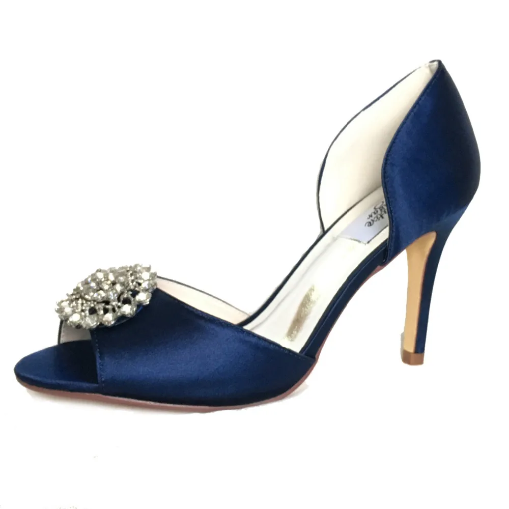 

Only 1 pair - Creativesugar navy blue satin evening dress shoes open toe bridal wedding prom cocktail heels lady pumps crystal