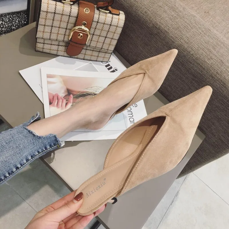 

slipper mules Pointed Toe soft leather Flock Kid Suede Low Thin Heels Shallow Sewing Solid Elegant black brand design woman