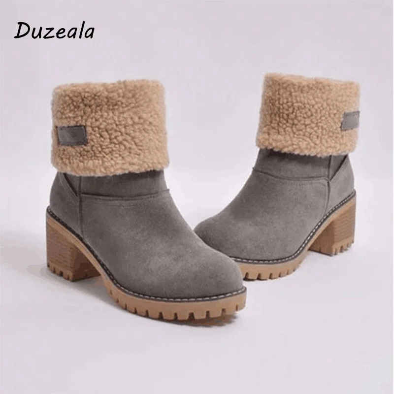 

Duzeala Brand Women Boots Female Winter Shoes Woman Fur Warm Snow Boots Square Heels Bota Feminina Ankle Boots Botas Mujer